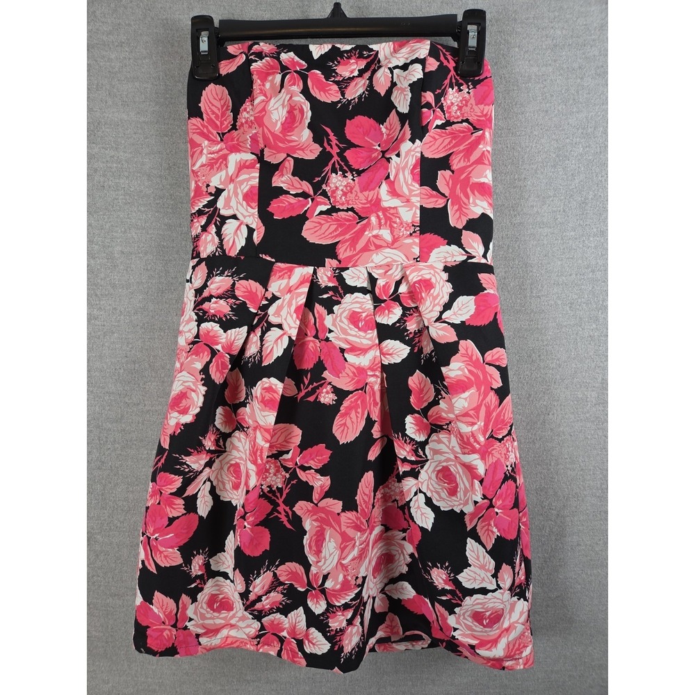 Forever 21 Pleated Black Pink Floral Rose Tube Dress M Fairy Cocktail Party NEW